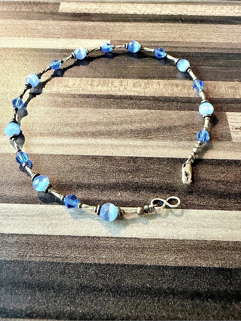 Vintage Sterling Silver Blue Cats Eye Bead Anklet Bracelet 10” #372